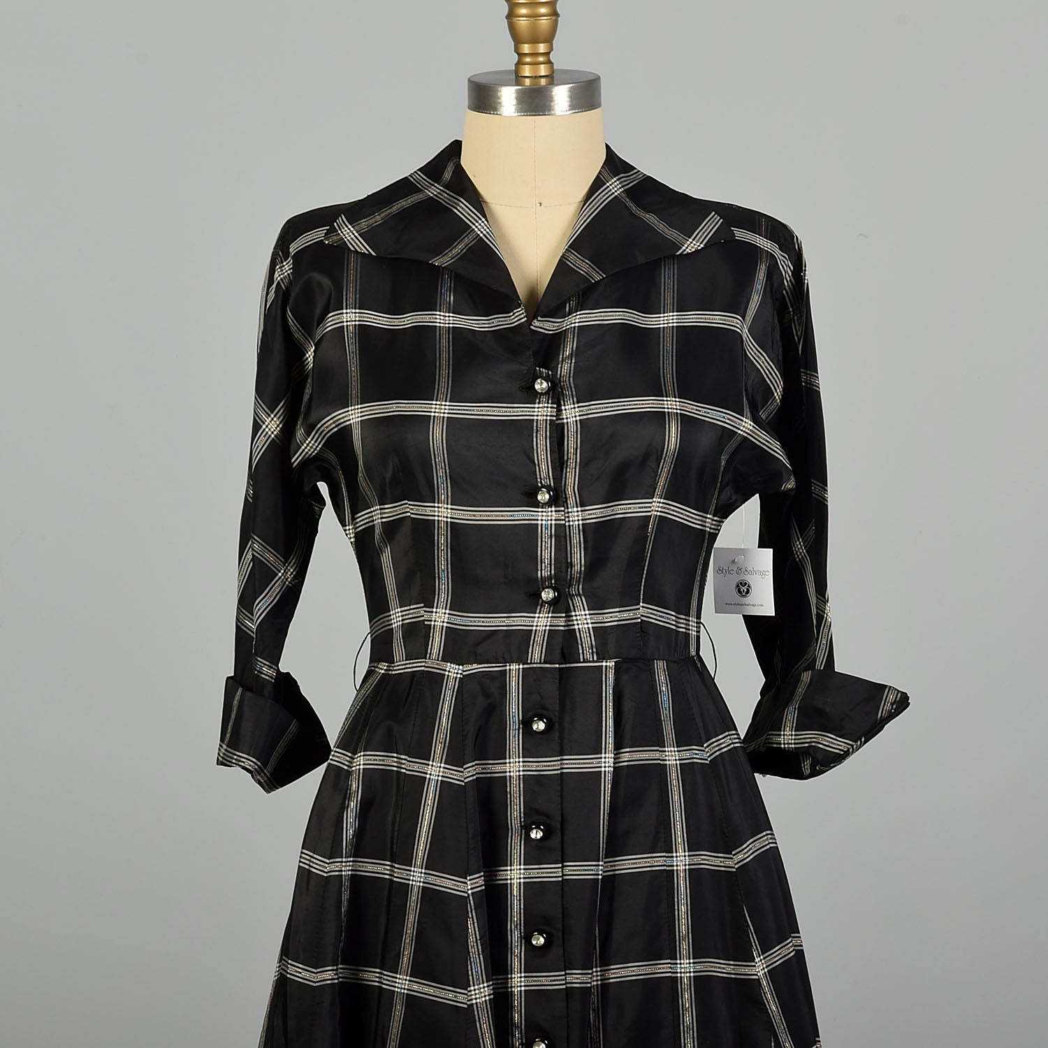 Medium 1950s Dress Black Taffeta Hourglass Plaid Cocktail Party Dress