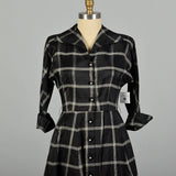 Medium 1950s Dress Black Taffeta Hourglass Plaid Cocktail Party Dress