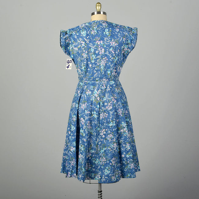 XXL 1940s Blue Cotton Day Dress Floral Deadstock Volup Summer Casual