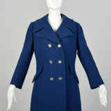 Small 1960s Coat Blue Mod Wool Tweed Double Breasted Winter Outerwear