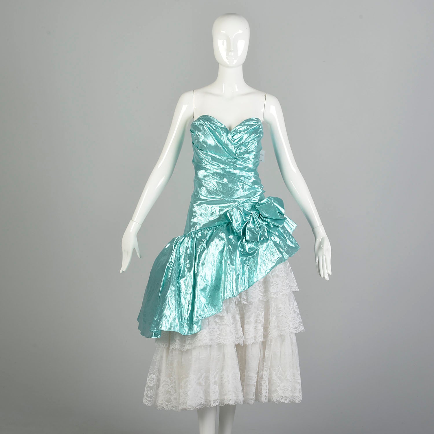 Small 1980s Strapless Sea Foam Aqua Asymmetric Lace Ruffle Prom Formal Evening Dress