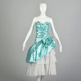 Small 1980s Strapless Sea Foam Aqua Asymmetric Lace Ruffle Prom Formal Evening Dress
