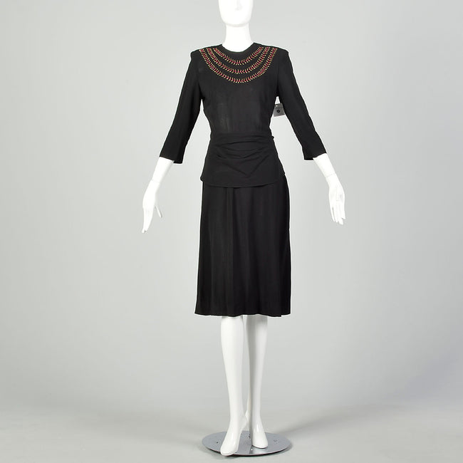 XS 1940s Little Black Dress Rayon Studs Quarter Length Sleeve