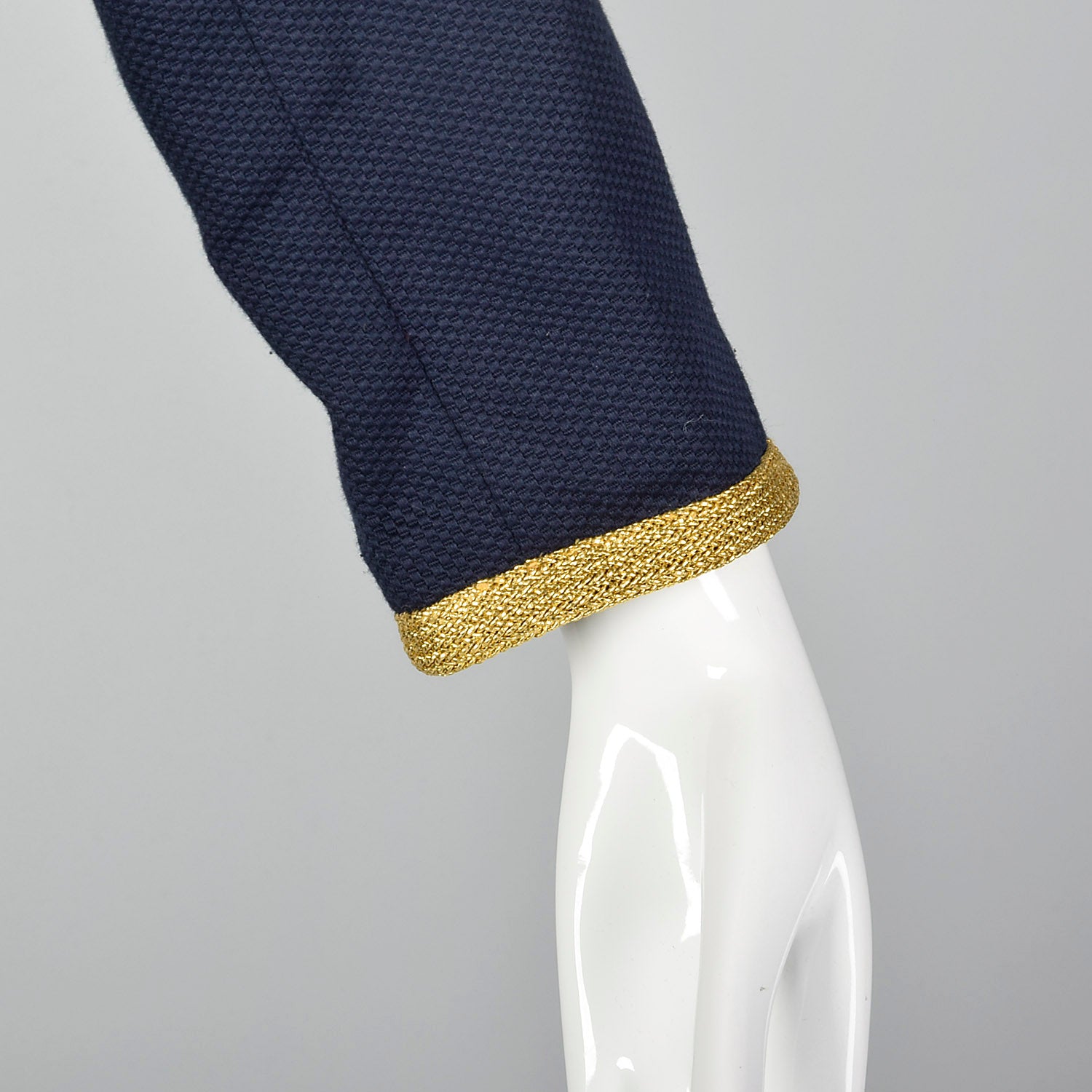 1980s Bill Blass Navy Dress with Gold Tone Metal Braided Trim