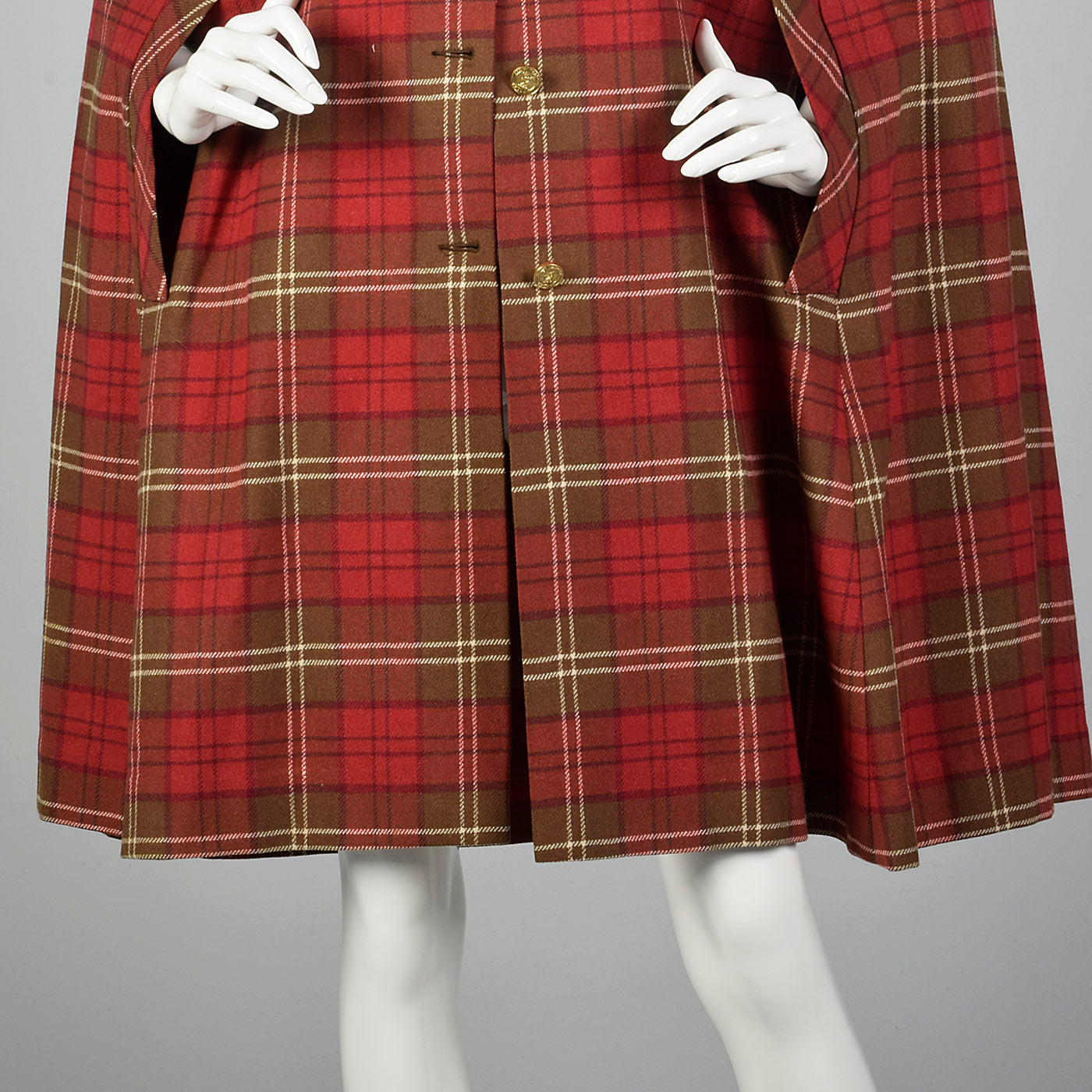 1970s Red Plaid Cape with Button Front