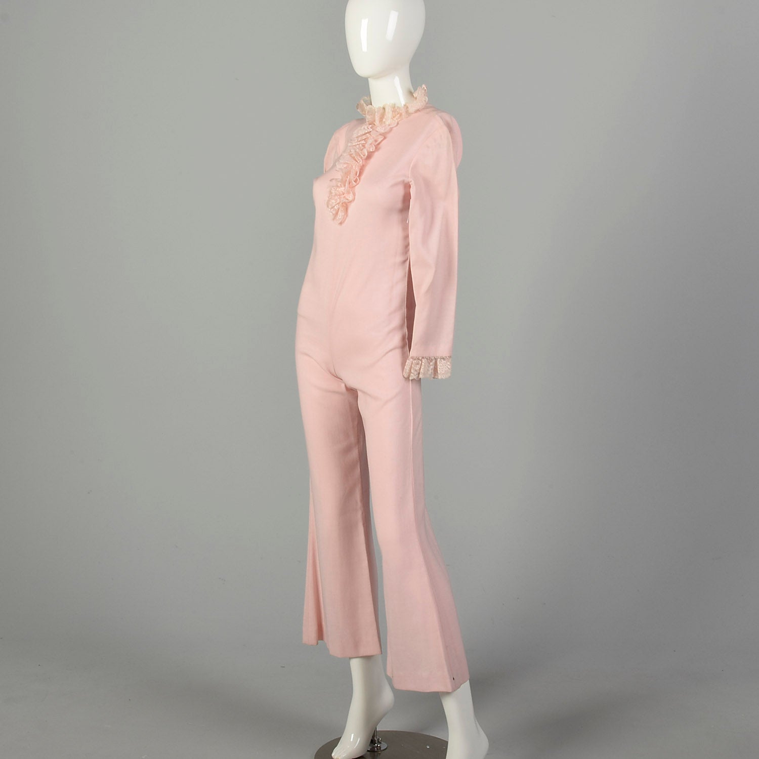 XXS 1970s Jumpsuit Two-Piece Pink Lace Vest Longsleeve