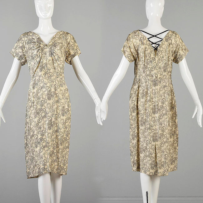 1940s Silk Dress with Velvet Faux Lace Back