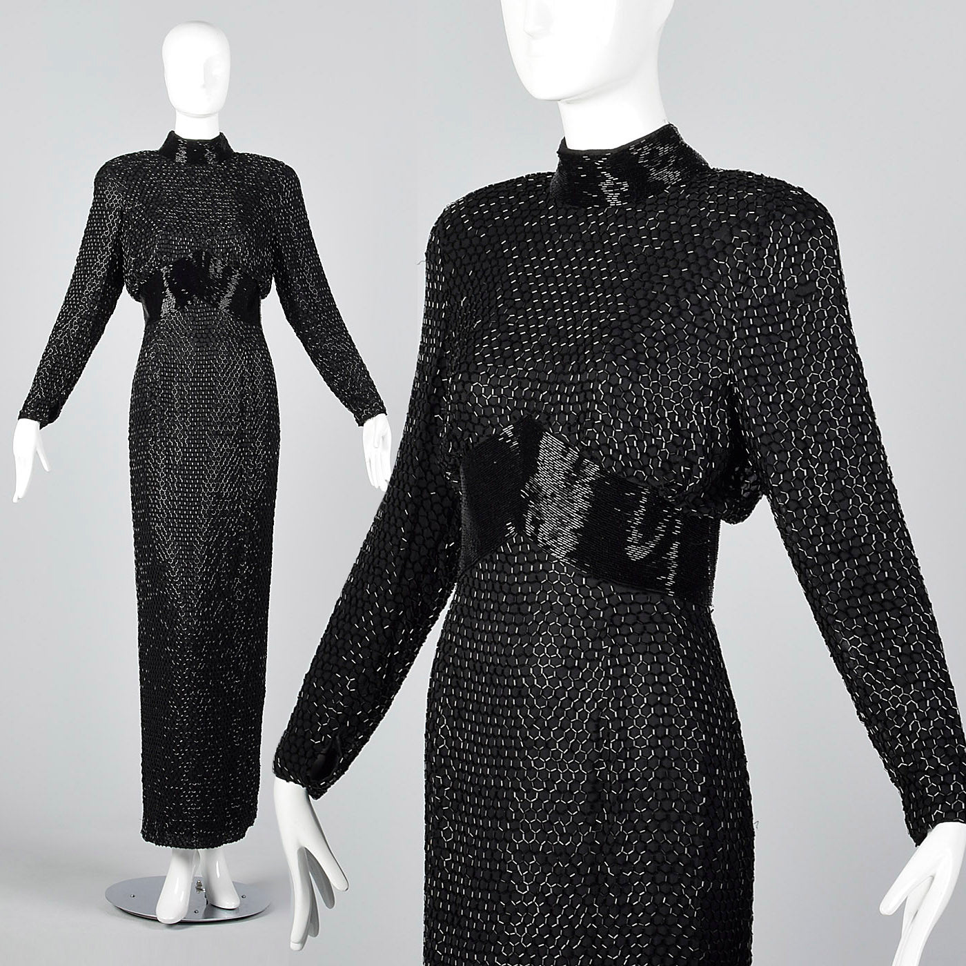 1980s Oleg Cassini Silk Beaded Black Evening Dress
