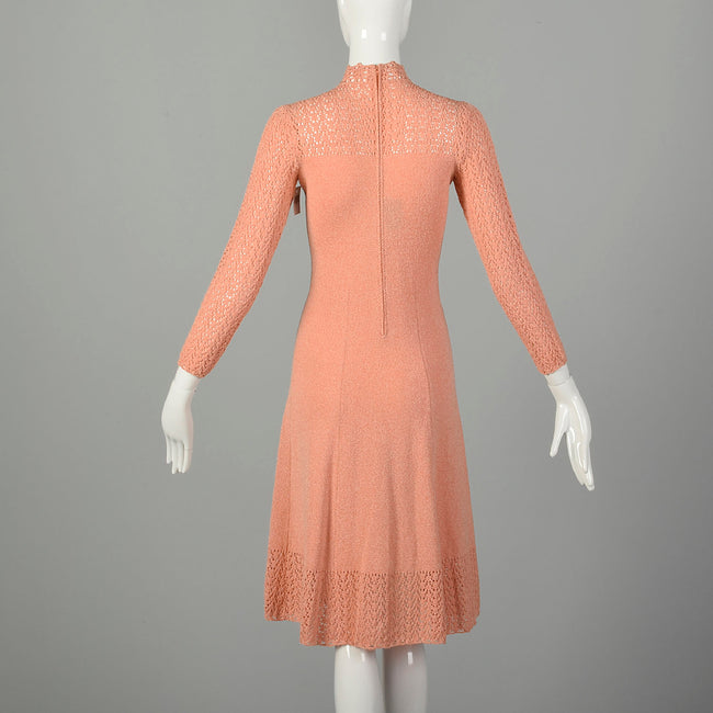 Medium 1970s Peach Knit Dress Spring Sweater Long Sleeve