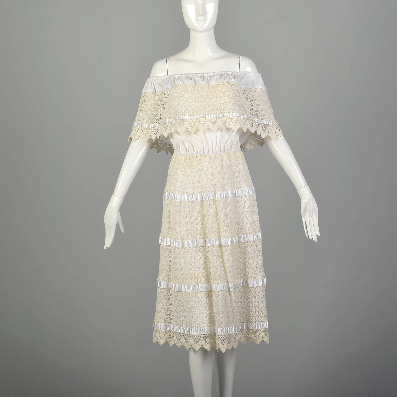 1970s Large Summer White Lace Off Shoulder Boho Dress