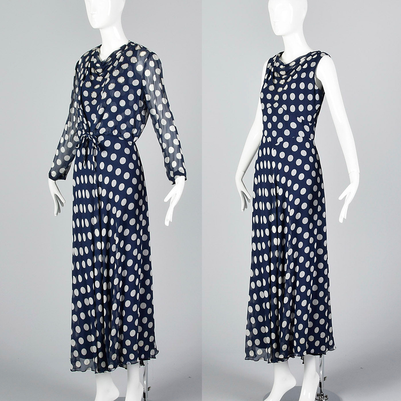 1970s Navy Dress with White Polka Dots