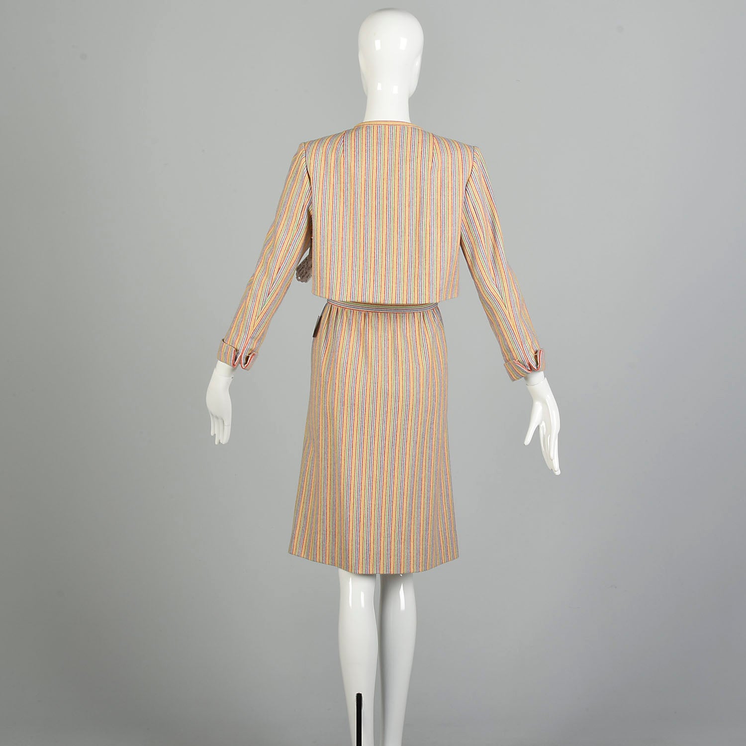 Large 1970s Pauline Trigere Bolero Jacket Skirt Set Rainbow Stripe Skirt Suit