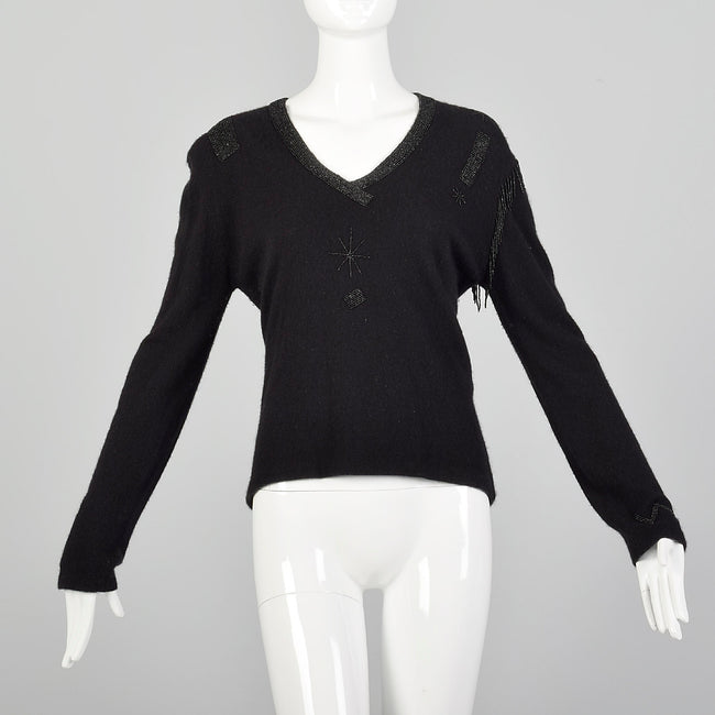 Medium 1990s Giorgio Sant'Angelo Black Cashmere Beaded Sweater
