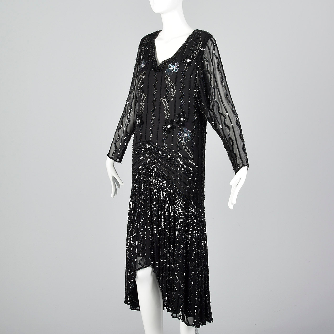 1990s Oleg Cassini Black Silk Beaded Dress