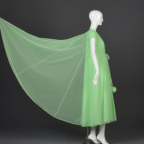 1960s Claire Sandra Lucie Ann Beverly Hills Green Chiffon Nightgown & Peignoir Set with Pom Poms
