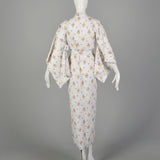 White Cotton 1970s Kimono Floral Seersucker Robe Long Sleeve