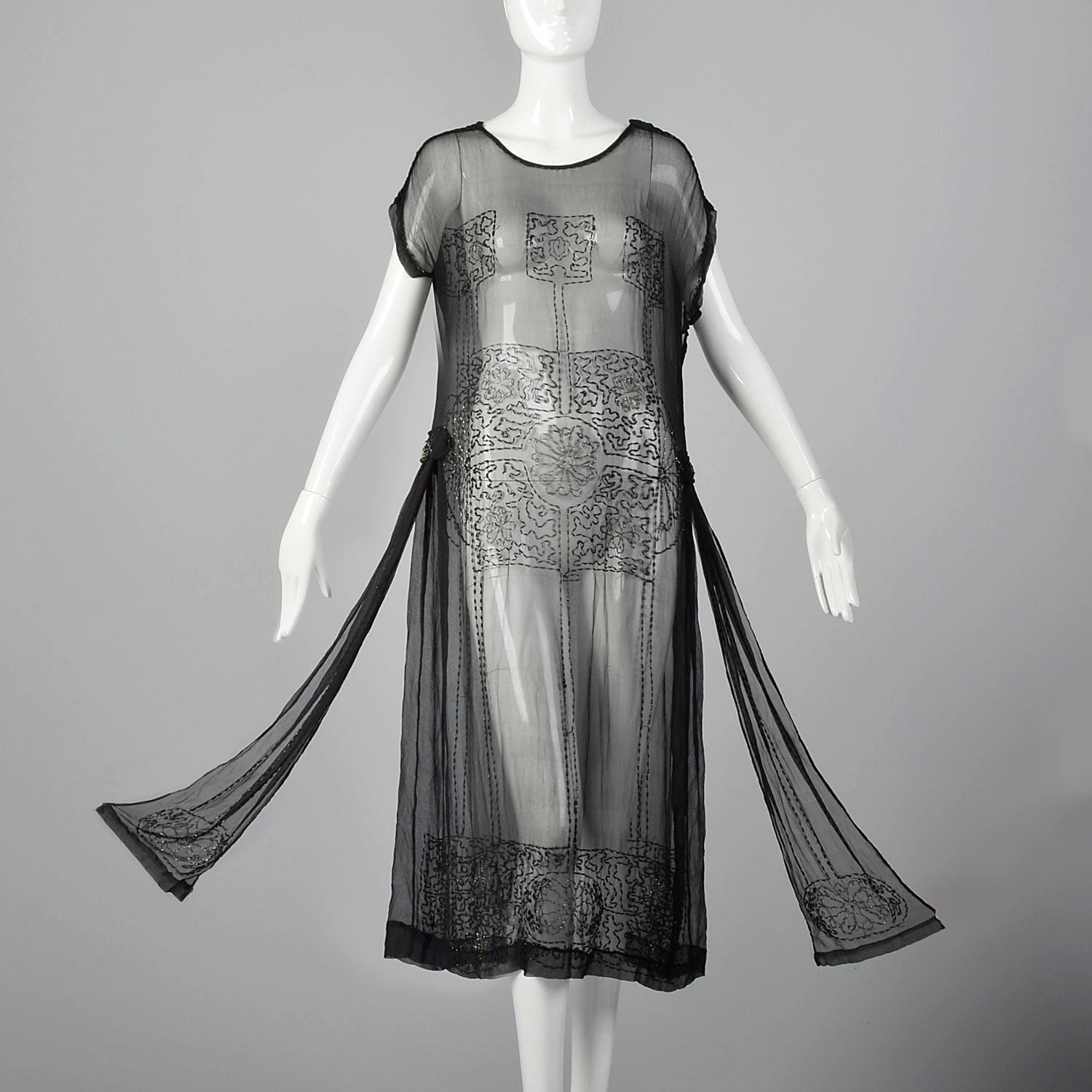 1920s Beaded Sheer Black Dress with Hip Sashes