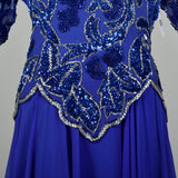 XXL Royal Blue Silk Beaded Evening Cocktail Dress Semi Formal Long Sleeve