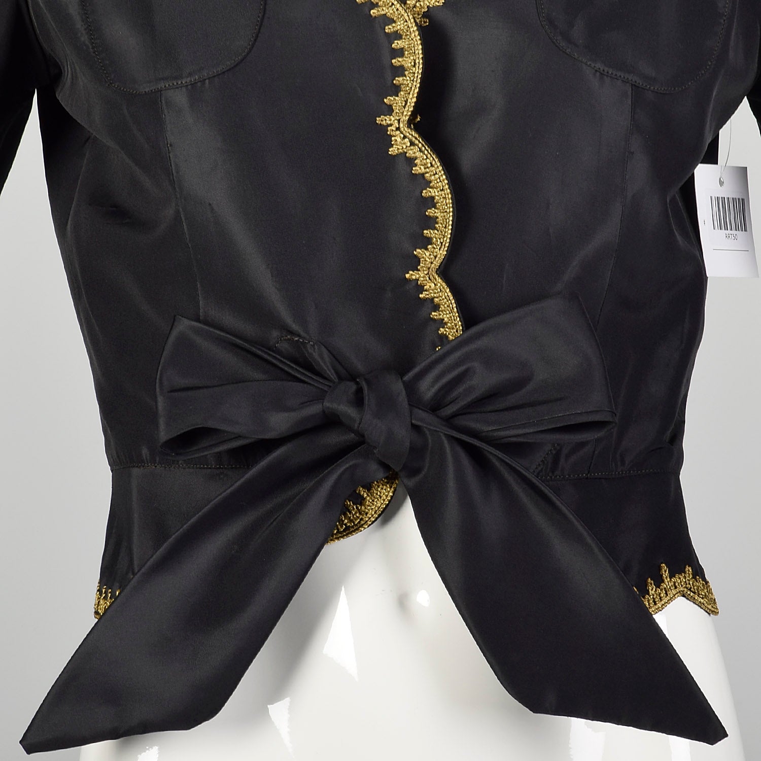 XS 1940s Jacket Black Taffeta Tie Waist Scallop Edge Gold Trim Embroidery Evening Jacket