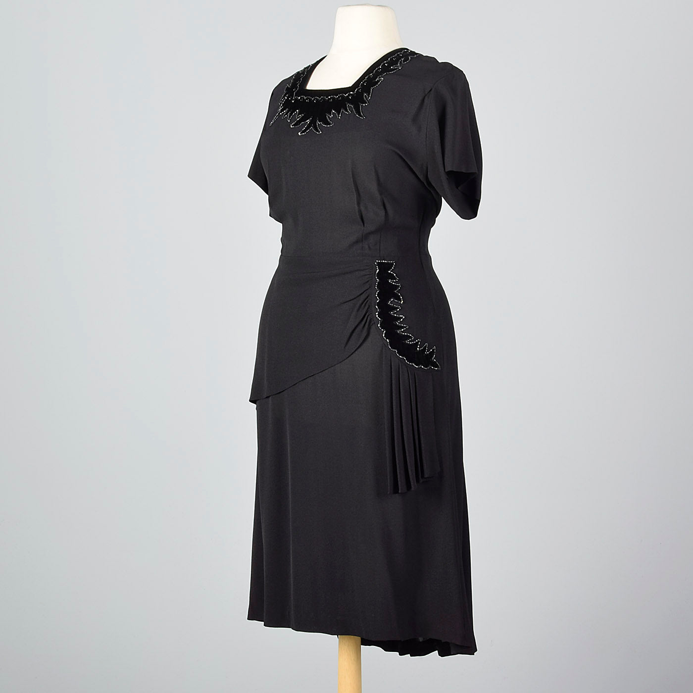 1950s Black Rayon Dress with Velvet Trim