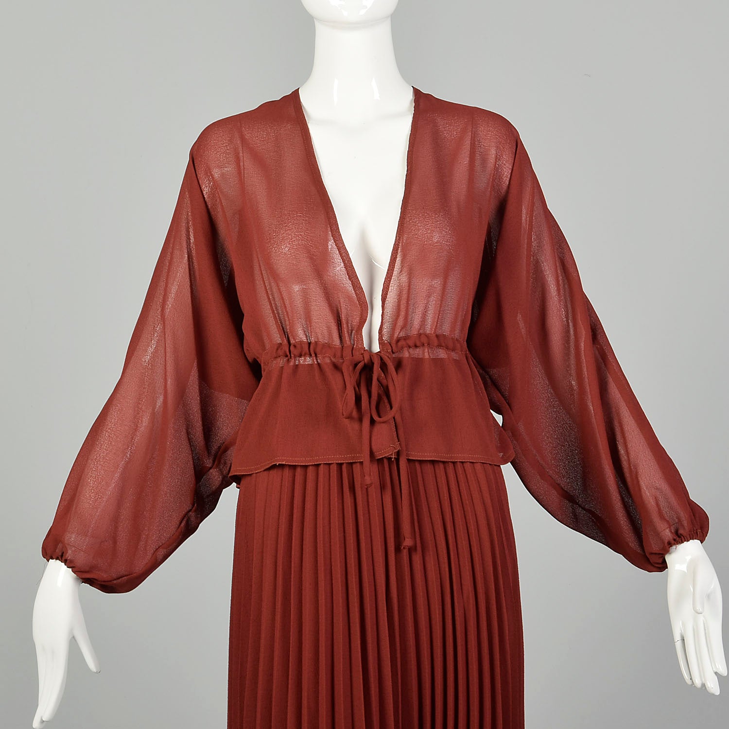 Small Rust Separates 1970s Sheer Blouse Pleated Skirt Low Cut Deep V Neckline Bohemian Set