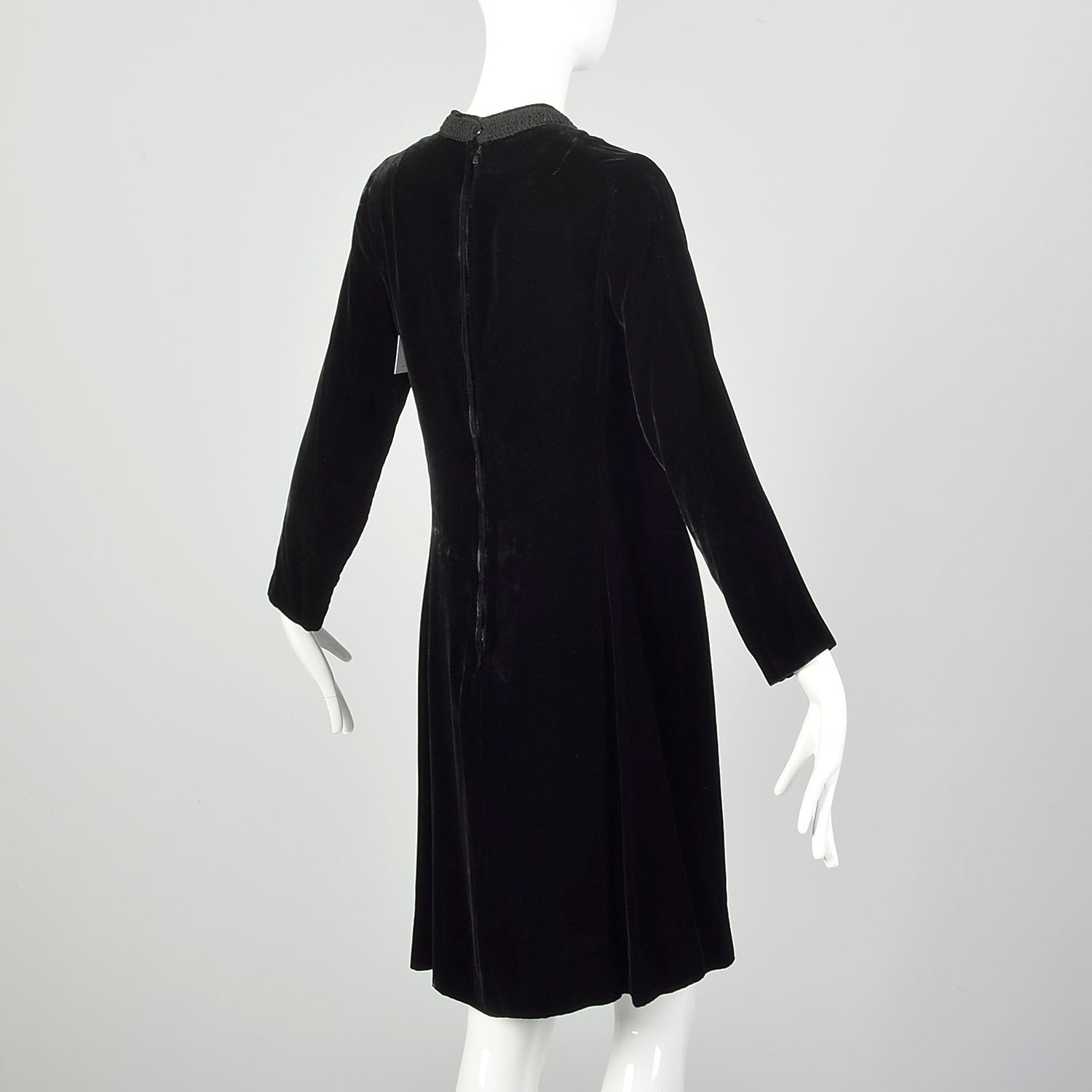 Small 1960s Dress Black Velvet Long Sleeve Above-the-Knee Tassel Details