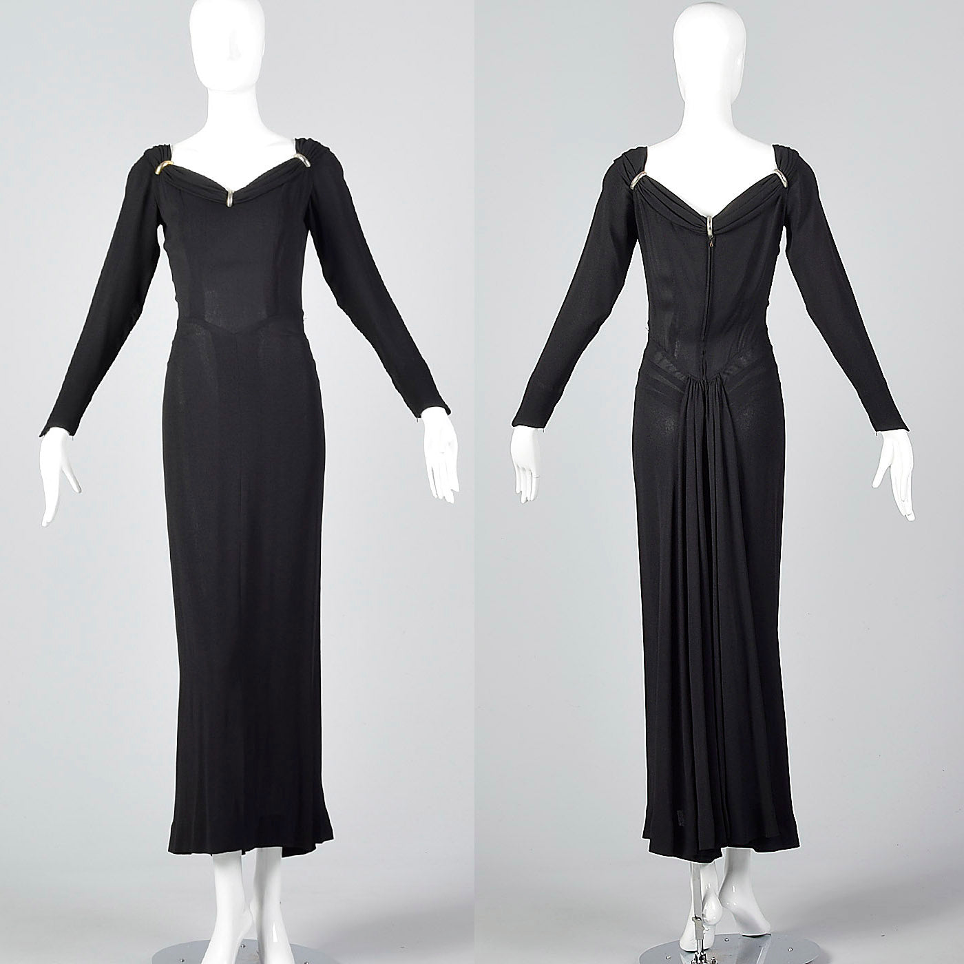 1940s Black Crepe Evening Dress with Train, Very Morticia Style & Salvage 1940s Black Crepe Evening Dress with Train, Very Morticia Style & Salvage