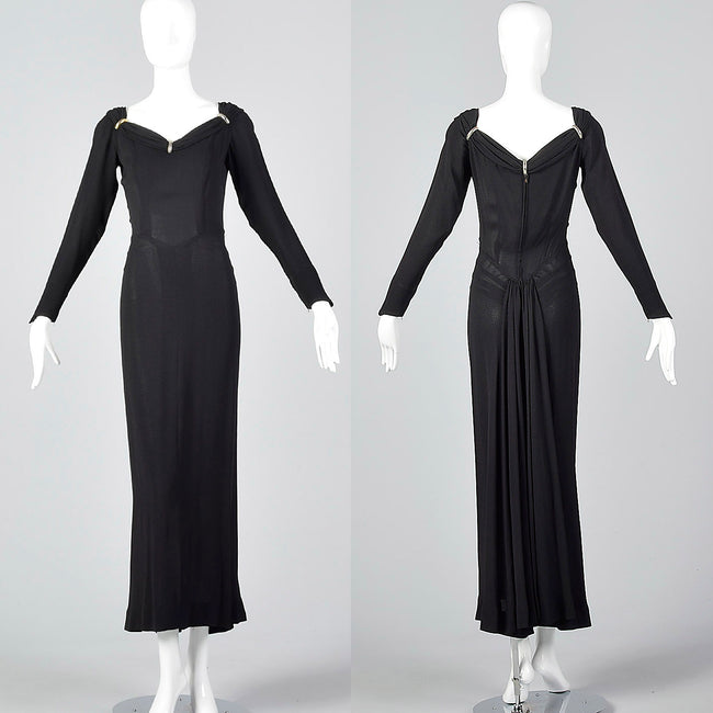 1940s Black Crepe Evening Dress with Train, Very Morticia