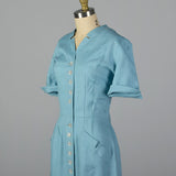 Medium 1940s Linen Day Dress with Button Front