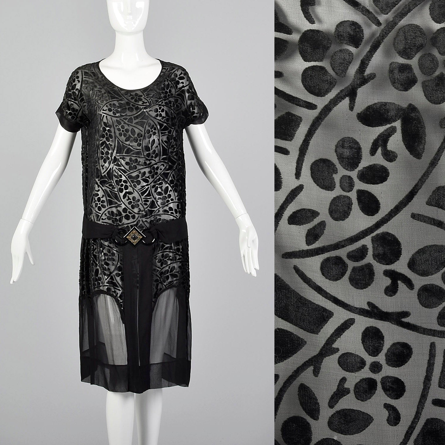 1920s Dress Black Velvet Devoré with Art Deco Buckle