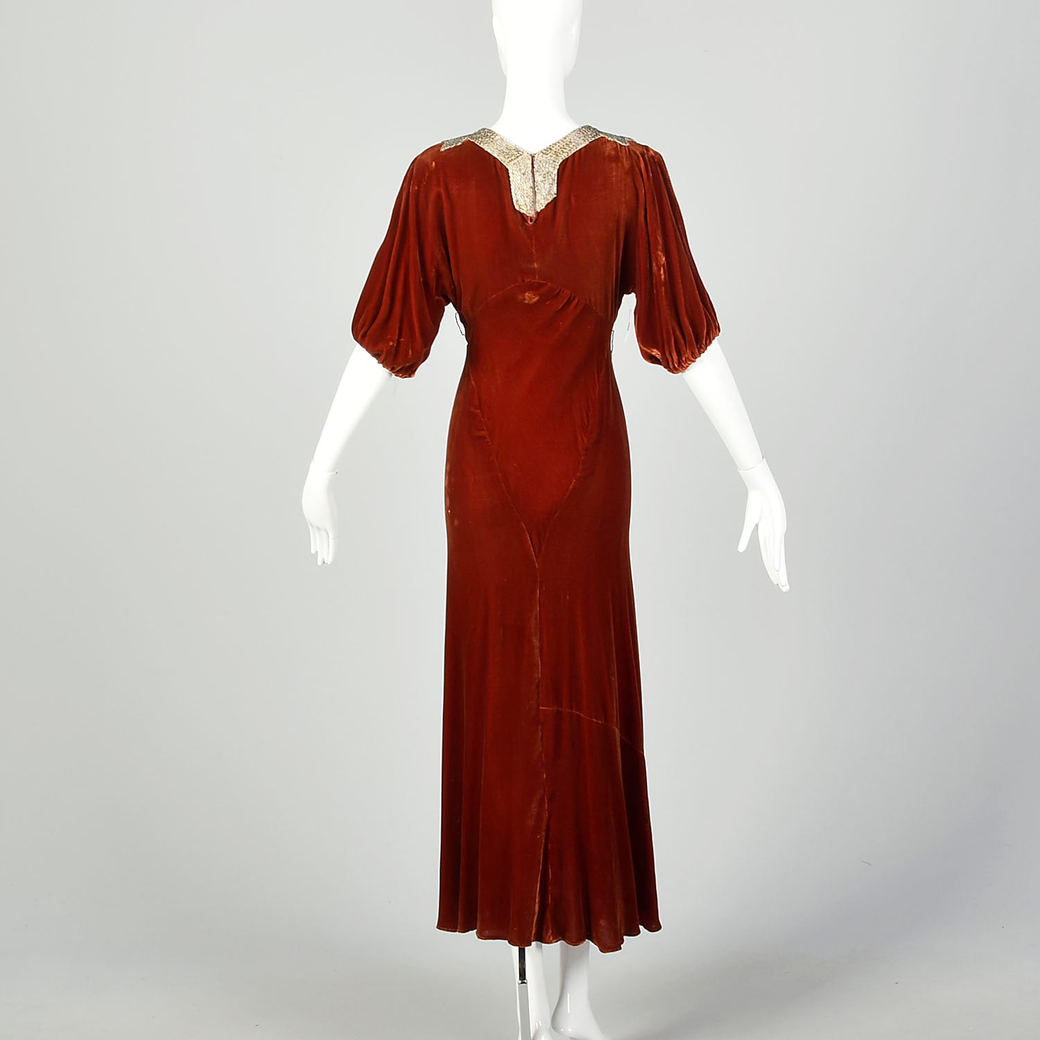 Small 1930s Silk Velvet Dress Tawny Glamorous Beaded Evening Gown Old Hollywood