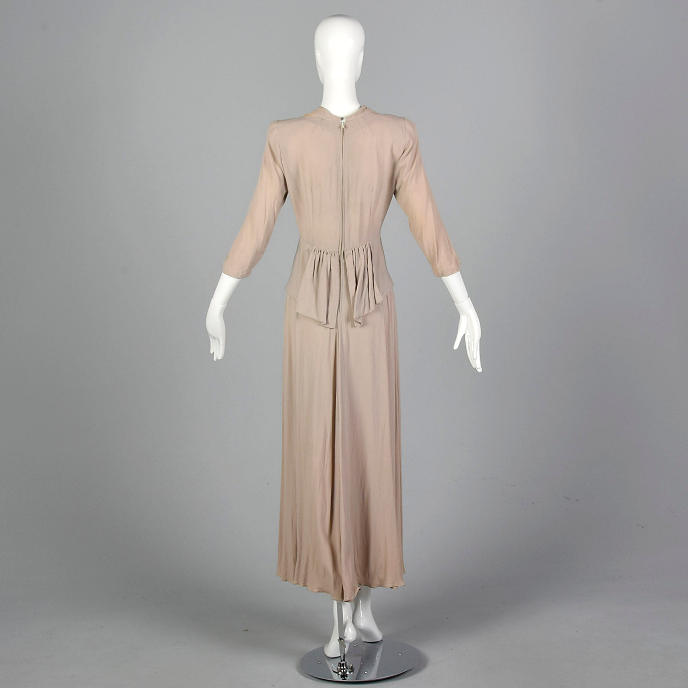 1940s Tan Crepe Dress with Gathered Bodice