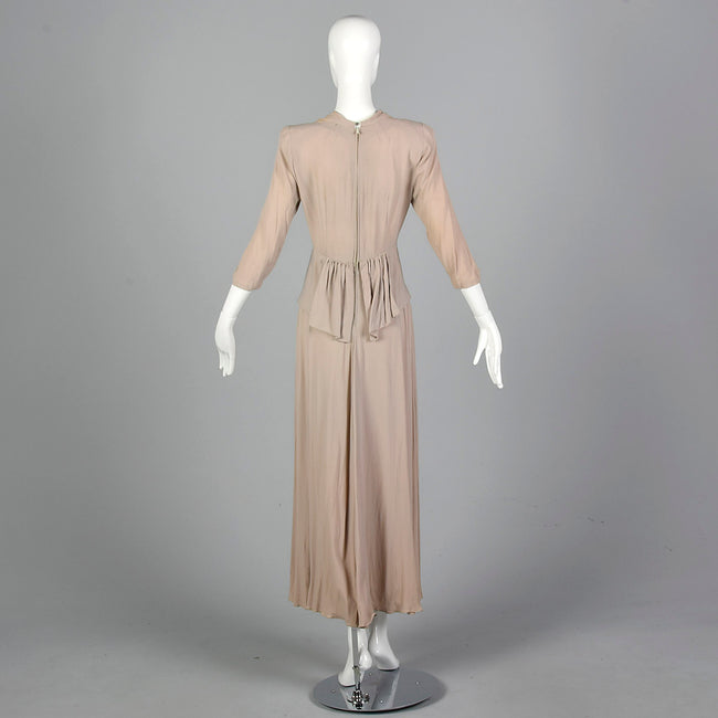 1940s Tan Crepe Dress with Gathered Bodice