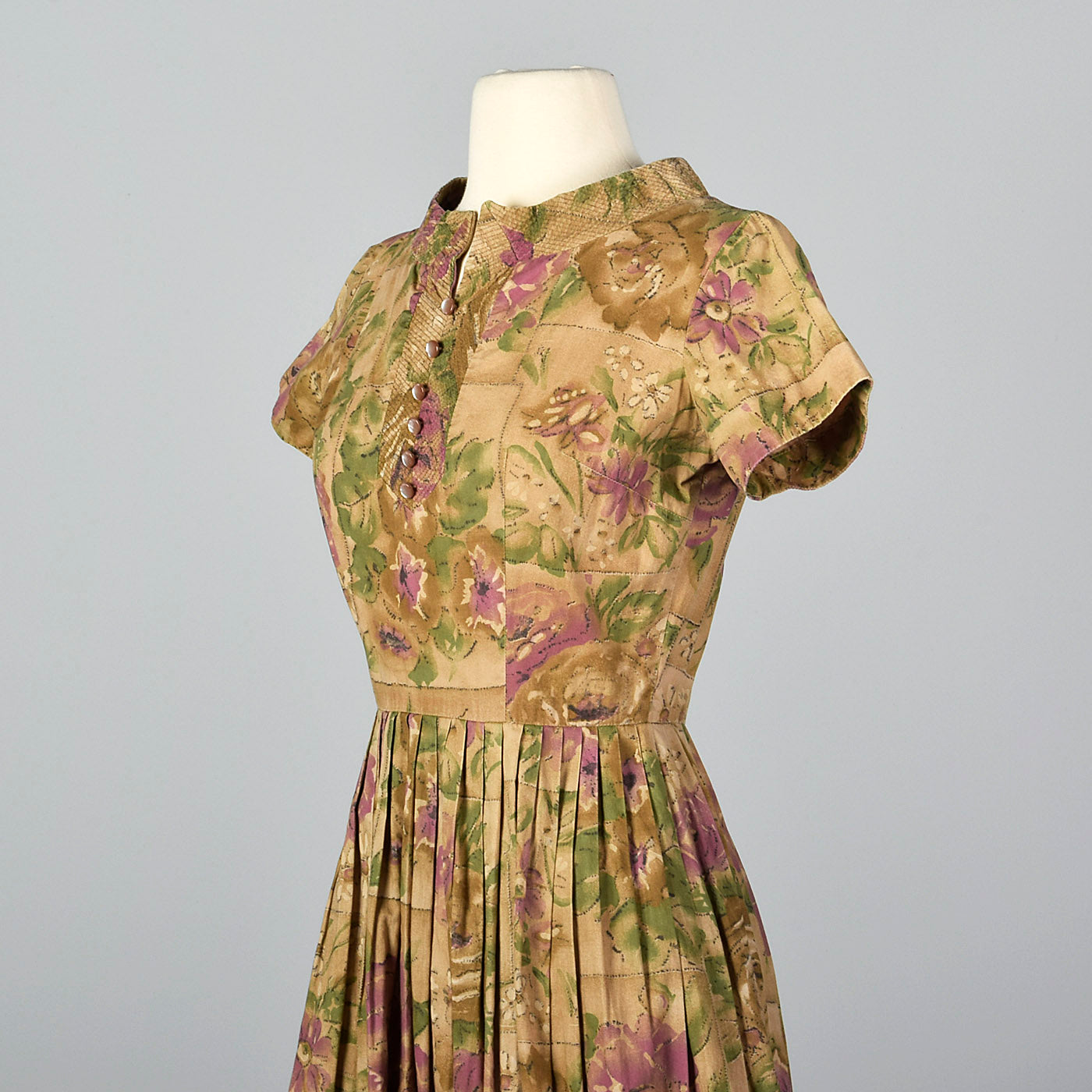 1950s Brown Floral Cotton Day Dress