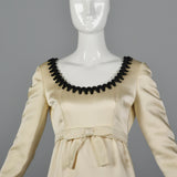 1960s Mollie Parnis White Satin Dress with Black Trim