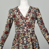 Small 1970s Boho Micro Mini Dress Bohemian Long Sleeve Hippie