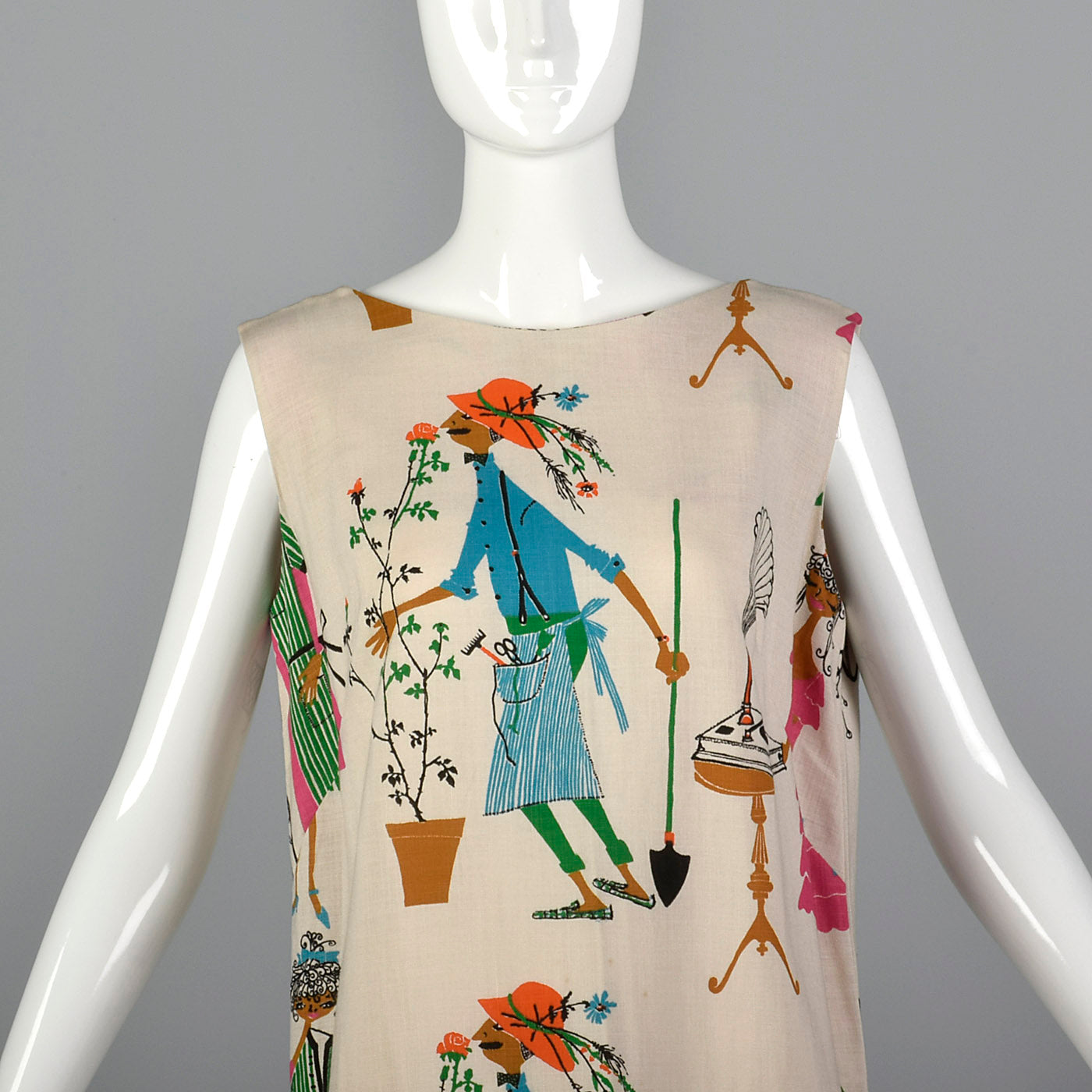1960s Deadstock Novelty Print Shift Dress with Pom Pom Hem
