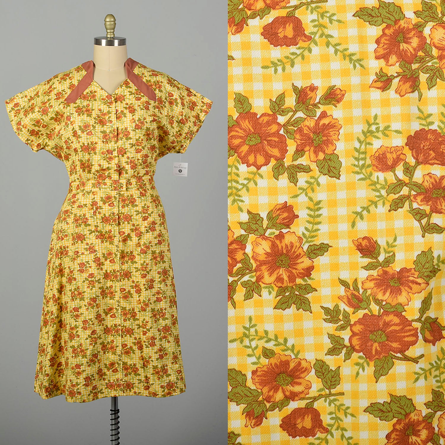 XXL 1960s Housekeeping Uniform Yellow Floral Gingham Cotton Motel Maid Dress