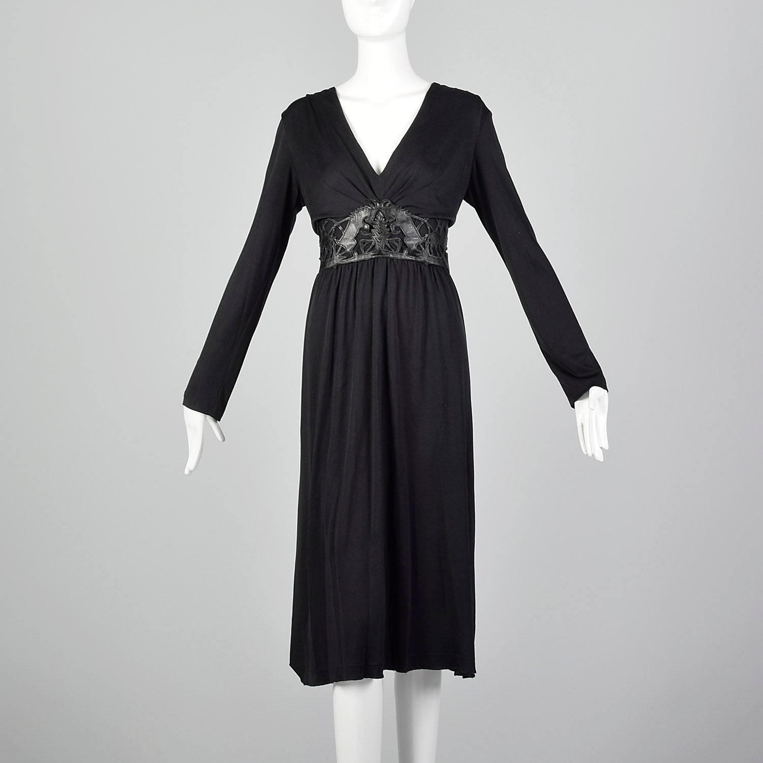 Large Cacharel Black Silk Jersey Dress with Vegan Leather Waist Band