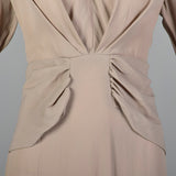 1940s Tan Crepe Dress with Gathered Bodice