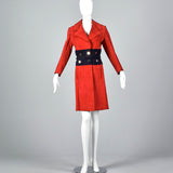 Bright Red Loewe Leather Trench Coat with Navy Blue Waist and Mod Gold Buttons