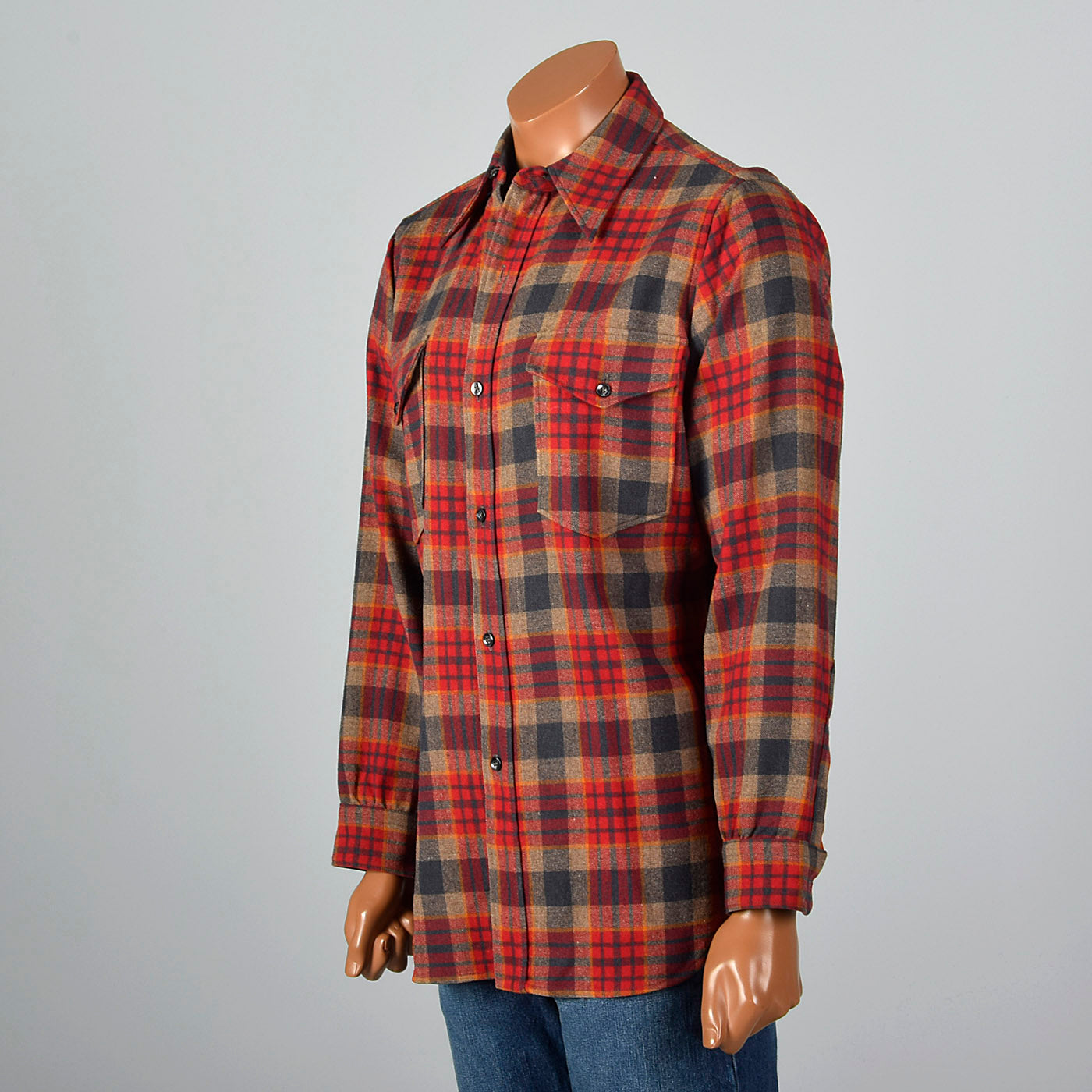 1970s Mens Pendleton Plaid Wool Shirt with Wing Collar