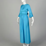 Small 1960s Dress Modest Casual Ruffle Sleeve Blue Maxi