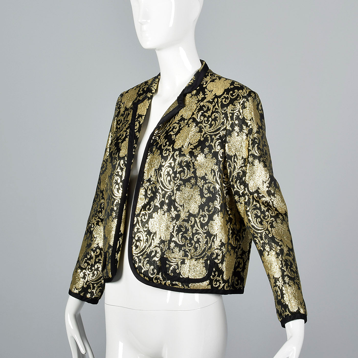 1980s Lillie Rubin Black and Metallic Gold Brocade Bolero Jacket