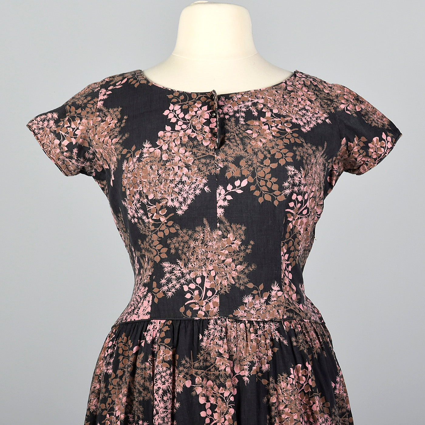 1950s Black and Pink Floral Dress with Drop Waist