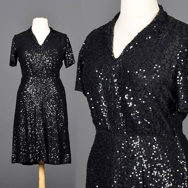 1940s Black Sequin Cocktail Dress